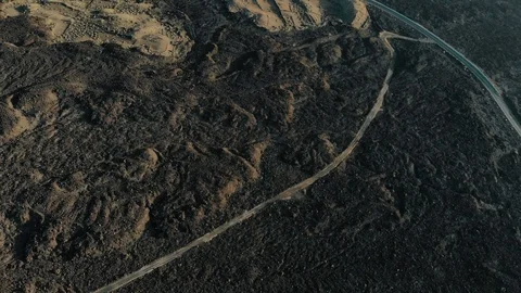 Aerial view of desert rocky surface of land on island of Lanzarote Stock Footage 108744960