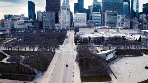 Aerial view of deserted streets in The Loop, Downtown Chicago. Stock Footage 127235021