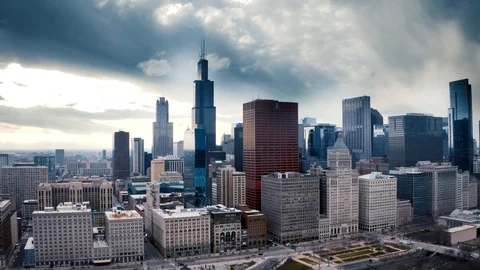 Aerial view of deserted streets in The Loop, Downtown Chicago. Stock Footage 127235273