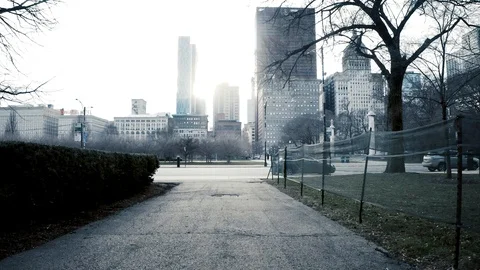 Aerial view of deserted streets in The Loop, Downtown Chicago. Stock Footage 127235842