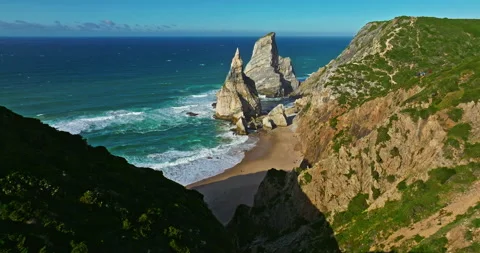 Aerial view of deserted wild beach Ursa. Rocky beach in Atlantic ocean coastline Stock Footage 310202809