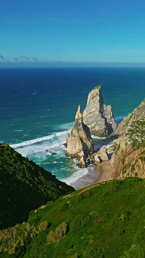 Aerial view of deserted wild beach Ursa. Rocky beach in Atlantic ocean Video stock 320892388