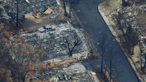 Aerial view destructive forest wildfire Paradise California America Stock Footage 104237967
