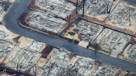 Aerial view destructive forest wildfire Paradise California America Stock Footage 104238144