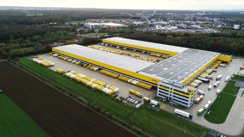 Aerial view of Deutsche Post DHL Groups parcel distribution hub Stock Footage 118121986