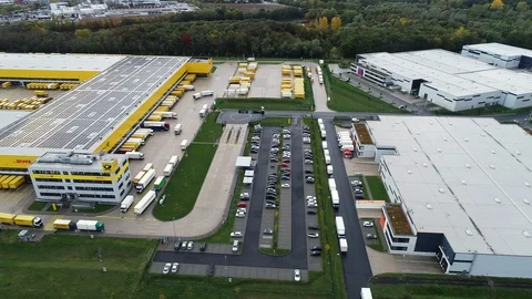 Aerial view of Deutsche Post DHL Groups parcel distribution hub Stock Footage 118122411