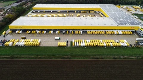 Aerial view of Deutsche Post DHL Groups parcel distribution hub Stock Footage 118122629