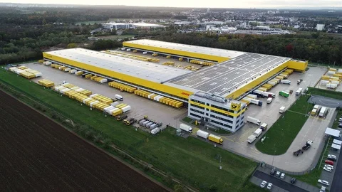 Aerial view of Deutsche Post DHL Groups parcel distribution hub Stock Footage 118123280