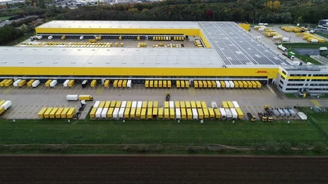 Aerial view of Deutsche Post DHL Groups parcel distribution hub Stock Footage 118123349