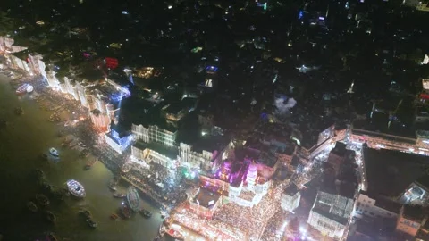 Aerial View of Dev Deepawali Festival Lights Fireworks on the Ghats of Varanasi, 動画素材 340594879