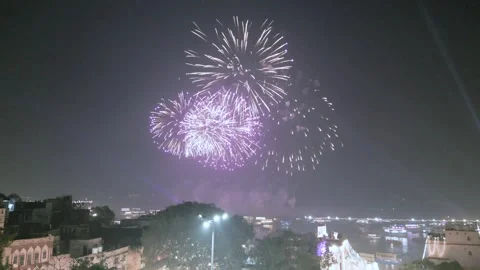 Aerial View of Dev Deepawali Festival Lights Fireworks on the Ghats of Varanasi, 動画素材 340595042
