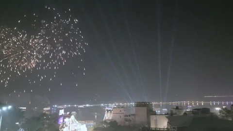 Aerial View of Dev Deepawali Festival Lights Fireworks on the Ghats of Varanasi, 動画素材 340595045
