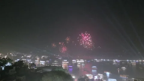 Aerial View of Dev Deepawali Festival Lights Fireworks on the Ghats of Varanasi, Stock Footage 340595083