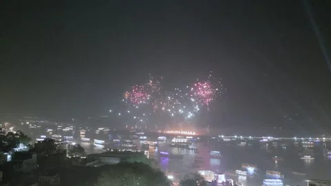 Aerial View of Dev Deepawali Festival Lights Fireworks on the Ghats of Varanasi, Stock Footage 340595104