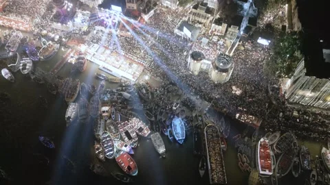 Aerial View of Dev Deepawali Festival Lights Fireworks on the Ghats of Varanasi, Stock Footage 340595168
