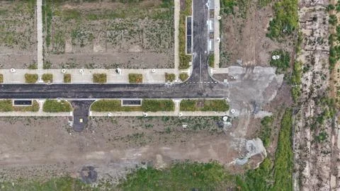 Aerial view developing land new residential infrastructure construction Stock Photos