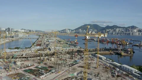 Aerial view of development of Kai Tak Airport,  Kowloon city, Hong Kong Stock Footage 144596442