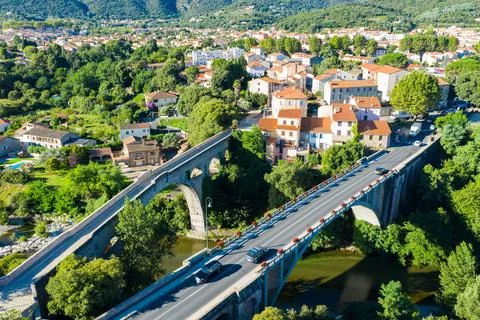 Aerial view of Devil Bridge and road bridge in Ceret, France Stock Photos