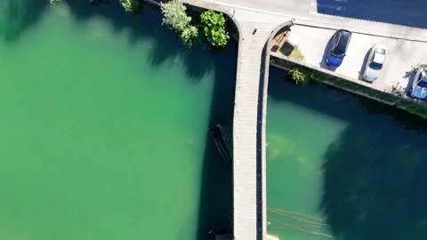 Aerial view of Devils Bridge Ponte della Maddalena Borgo a Mozzano Tuscany Stock Footage 336470250