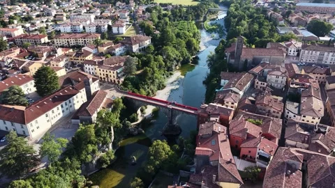 Aerial view of Devil's Bridge (Ponte del Diavolo) in Cividale del Friuli, Italy Stock Footage 340958209