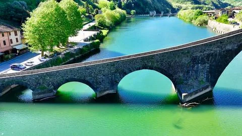 Aerial view of Devils Bridge Ponte della Maddalena Borgo a Mozzano Tuscany Stock Photos