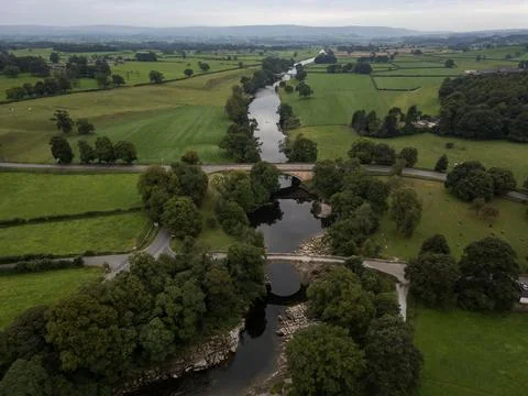 An aerial view of the Devil's Bridge spanning the River Lune Stock Photos