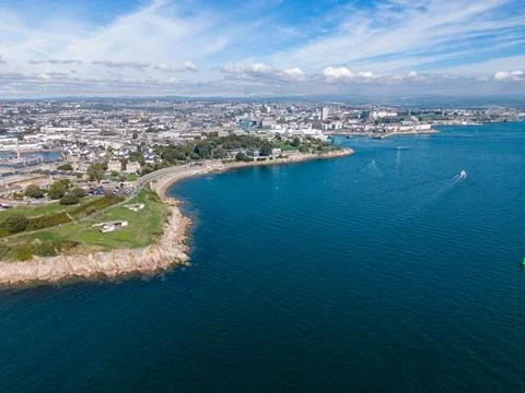 Aerial view of Devils Point estuary, Plymouth coastline and boats Stock Photos