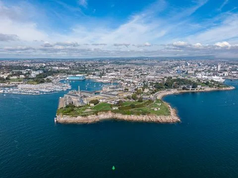 Aerial view of Devils Point overlooking Plymouth City and estuary with marina Fotos Stock