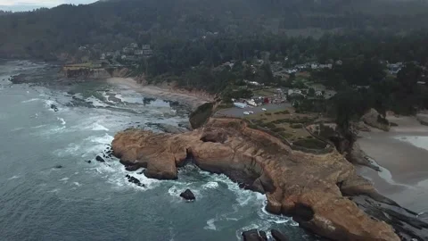 Aerial view of Devil's Punchbowl on the Oregon Coast Stock Footage 149017859