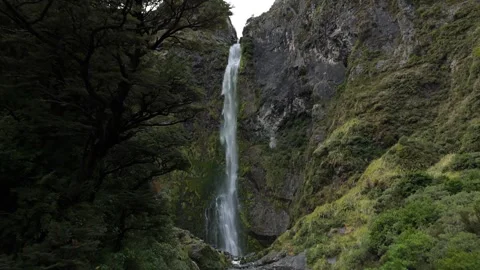 Aerial view of Devils Punchbowl Waterfall in Arthurs Pass National Park Stock Footage 330949854