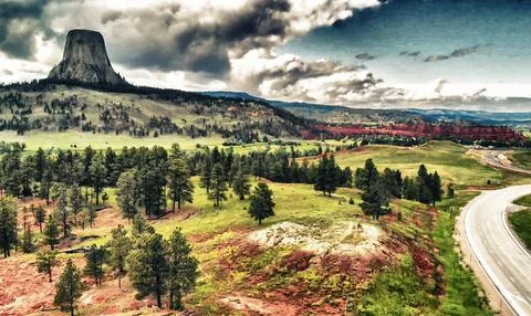 Aerial view of Devils Tower National Monument at summer sunset, Wyoming fro.. Stock Photos