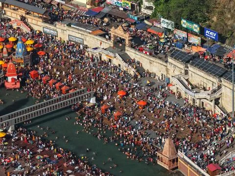Aerial View of Devotees Bathing at Har Ki Pauri Ghat, Haridwar Stock Photos