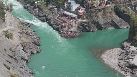 Aerial View of Devprayag Sangam of Alaknanda Rivers Uttarakhand India Видео 334362952