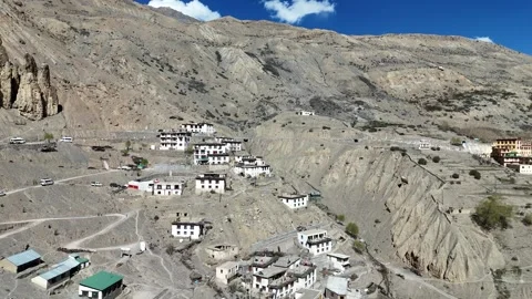 Aerial View of Dhankar Monastery on Cliff in Spiti Valley, India Stock Footage 329325612