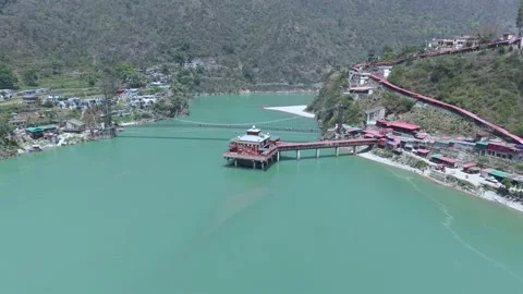 Aerial View of Dhari Devi Temple on Alaknanda River Uttarakhand Video stock 333821371