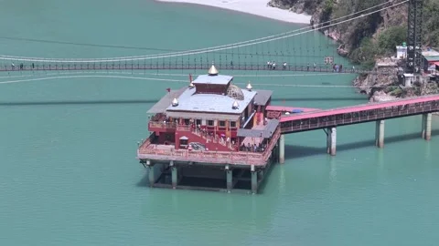 Aerial View of Dhari Devi Temple on Alaknanda River Uttarakhand Video stock 333821404