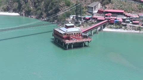Aerial View of Dhari Devi Temple on Alaknanda River Uttarakhand Video stock 333821405