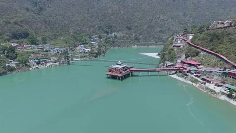 Aerial View of Dhari Devi Temple on Alaknanda River Uttarakhand Video stock 333821408