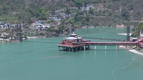 Aerial View of Dhari Devi Temple on Alaknanda River Uttarakhand Video stock 333821420