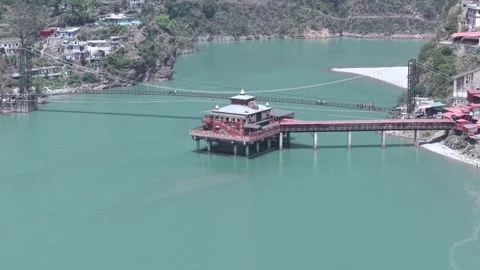 Aerial View of Dhari Devi Temple on Alaknanda River Uttarakhand Video stock 333821477