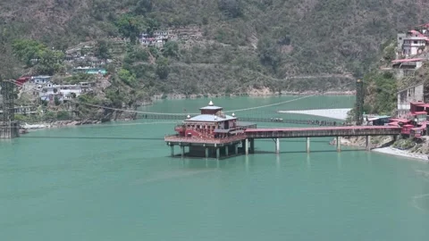Aerial View of Dhari Devi Temple on Alaknanda River Uttarakhand Video stock 333821494