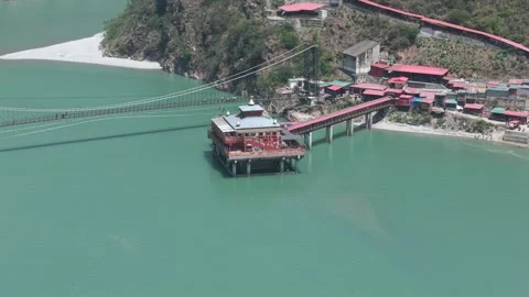 Aerial View of Dhari Devi Temple on Alaknanda River Uttarakhand Video stock 333821497