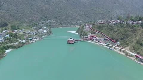 Aerial View of Dhari Devi Temple on Alaknanda River Uttarakhand Video stock 333821519