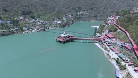 Aerial View of Dhari Devi Temple on Alaknanda River Uttarakhand Video stock 333821520
