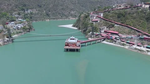Aerial View of Dhari Devi Temple on Alaknanda River Uttarakhand Video stock 333821521