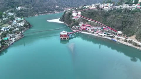 Aerial view of Dhari Devi Temple on Alaknanda River Uttarakhand India Video stock 334913536