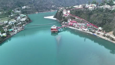 Aerial view of Dhari Devi Temple on Alaknanda River Uttarakhand India Video stock 334913545