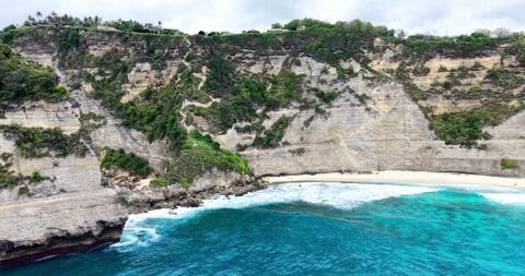 Aerial View of Diamond Beach Cliffs and Turquoise Ocean, Nusa Penida Bali Stock Footage 331211526