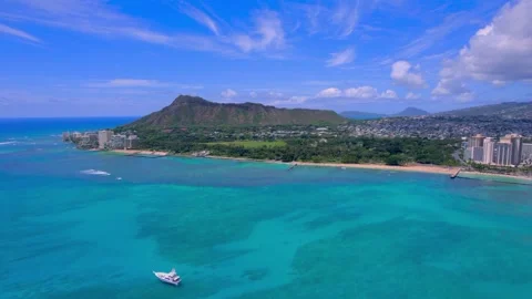 Aerial View of Diamond Head and Waikiki Turquoise Ocean Stock Footage 337926955