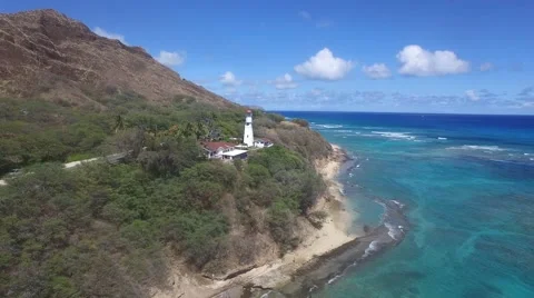Aerial view of Diamond Head lighthouse on the south shore of Oahu, Hawaii Stock Footage 49145419